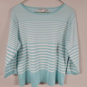 Pendleton Petite Aqua White Stripe Boat Neck 3/4 Sleeve Cotton Top Size L